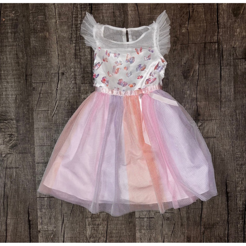 Jona Michelle Girls‎ Butterfly Tulle Party Dress Pastel Pink Purple White Size 5
